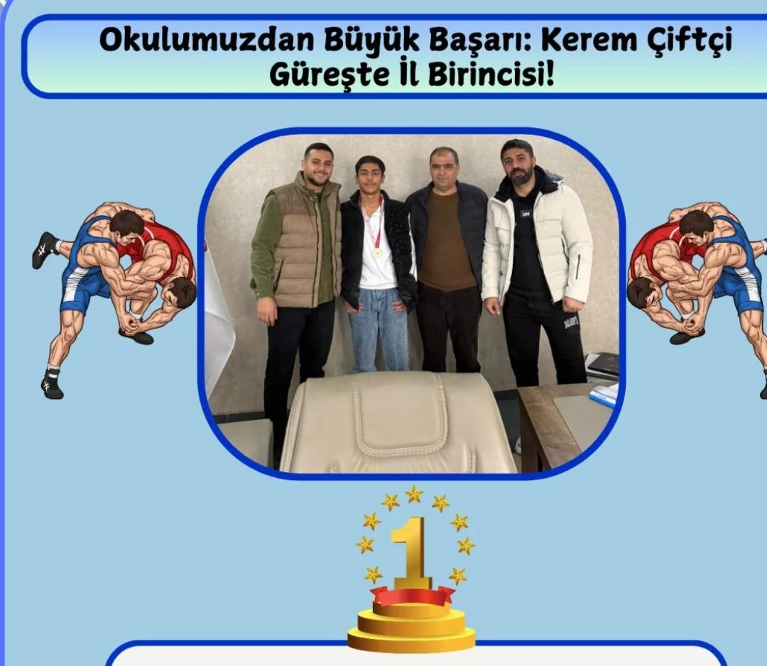Öğrencimiz Kerem Çiftçi, 60 kg güreş dalında Batman İl Birinciliğini kazanarak okulumuzu gururlandırdı.
